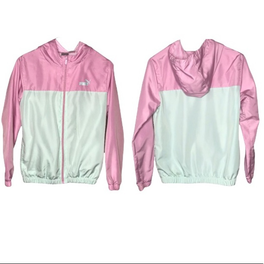 Puma Large Spring Summer Full Zip Up Green/Pink Hooded Jacket